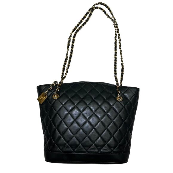 CHANEL Black lambskin Quilted Medium Matelassé Chain Tote/Shoulder Bag - Picture 2 of 7